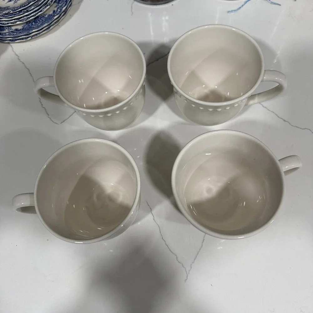 4 Pottery Barn Emma White Beaded Stoneware Mugs Cups Coffee Tea 4